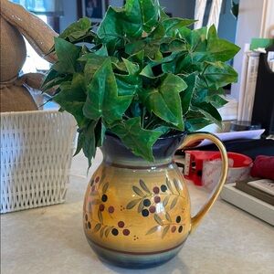 Hand Painted Vase with Yellow and Green Faux Floral Accent with Rustic Charm